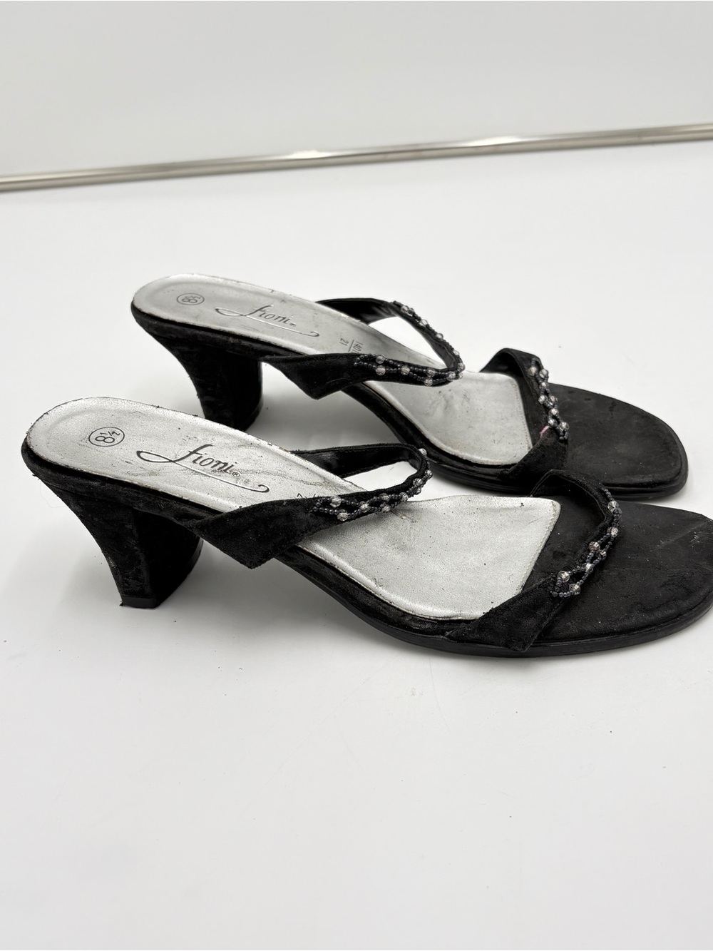 Vintage Y2K Fairycore Fioni Black Sandal Kitten Heels Beaded Women’s Size 8.5